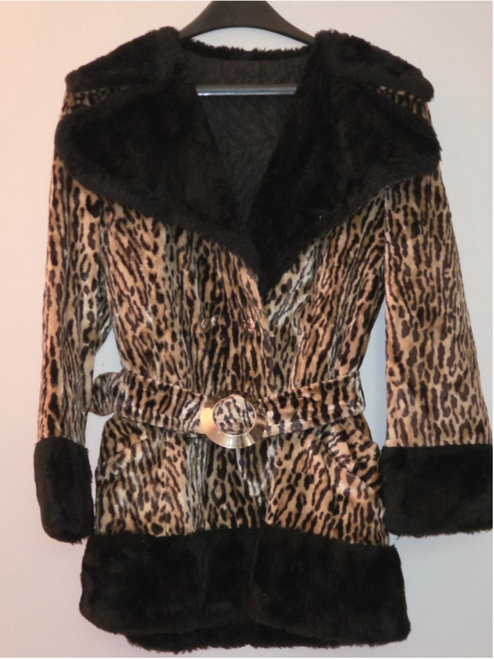 Vintage 60s 70s Collins & Aikman Faux Leopard Fur Belted Princess Coat M